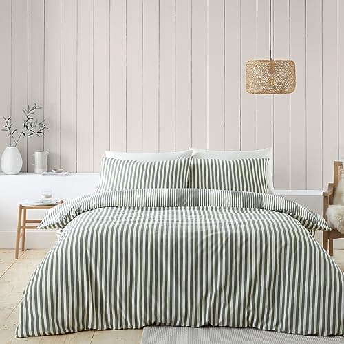 Image of Catherine Lansfield Brushed Cotton Stripe Reversible Single Duvet Cover Set with Pillowcase Green