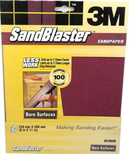 Image of 3M Sand Blaster TM Sandpaper Medium 100 for Bare Surfaces 3 Sheet Pack.