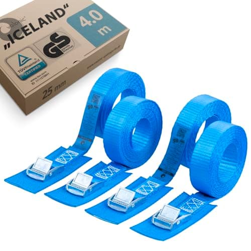Image of valonic ICELAND - 4x 4m tie down straps, 25mm, 250Kg, padded, TÜV Rheinl. / GS certified, EN-12195-2 - cam buckle, for roof and bike rack, kayak, motorcycle, blue