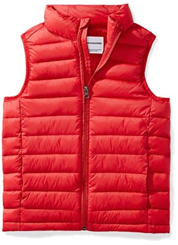 Image of Amazon Essentials Boys' Lightweight Water-Resistant Packable Hooded Puffer Vest, Red, 6-7 Years
