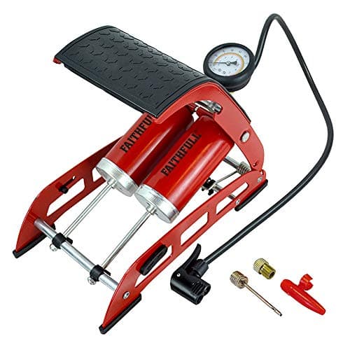 Image of Faithfull FAIAUFPUMP2 Foot Pump Double Cylinder with Gauge, includes additional adpators