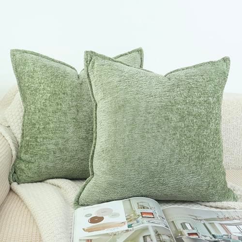 Image of OYIMUA Set of 2 Cushion Covers 50cm x 50cm Chenille Premium Textured Throw Pillow Cases Soft Square Cushion Cover Sage Green 20x20 inches Decorative Sofa Pillows Covers for Living Room Bedroom