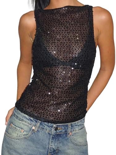 Image of Women Sparkly Sequin Tank Top Sexy Glitter Sleeveless See Through Summer Vest Cropped Slim Fit Party Club Tops (A-Black, S)