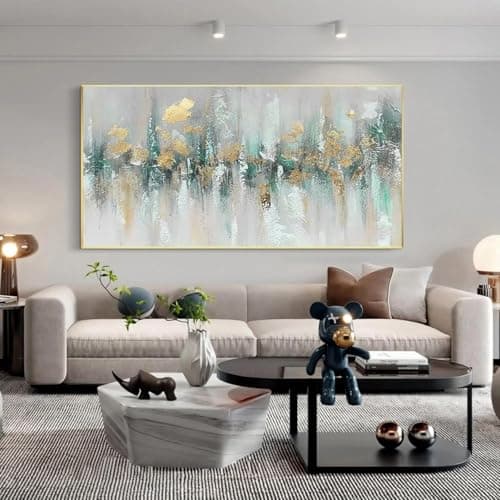 Image of Gold Teal Green Textured Horizontal Abstract Painting On Canvas Living Bedroom Large Size Gold Wall Art Modern Home DBaitangecor 160x80cm Frameless