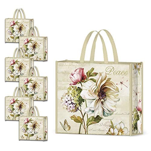 Image of NymphFable 6 Pack Grocery Bags Reusable Peony Flowers Floral Butterfly Shopping Bags Washable Foldable Large Tote Bag