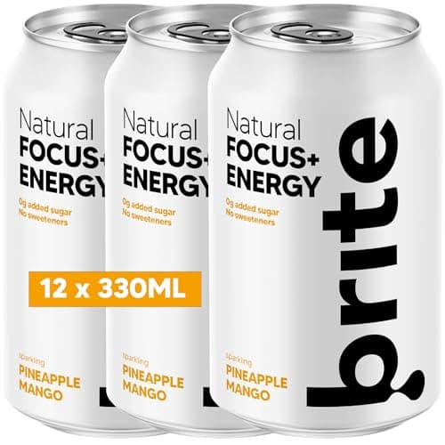 Image of Brite Natural Focus. Energy Drink & Coffee Alternative for Productivity. Plant Based, Backed by Neuroscience. Low Calorie, Vegan, Gluten Free. Pineapple Mango 12 x 330 ml.