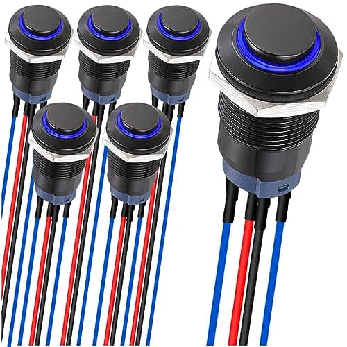 Image of MKBKLLJY 6Pcs 12mm Latching led Push Button Switch Black Shell with pre-Wiring, IP65 Waterproof Push Button Switch,1NO 2 Normally,Self-Locking with Blue LED for Auto Car Marine Boat
