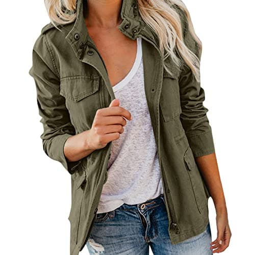 Image of Womens Jacket Ladies Utility Jacket Stand-Up Collar Lightweight with Multiple Pockets Windproof Transition Jackets Solid Long Sleeve Windbreaker Coat for Spring Summer Autumn