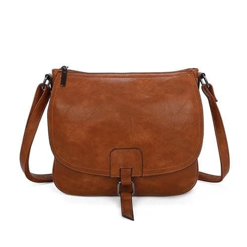 Image of Leeray® Women Crossbody Satchel Handbag with Full Flap - Brown - Adjustable Long Strap, Zip Closure, Faux Leather Shoulder Bag for Casual & Travel Use