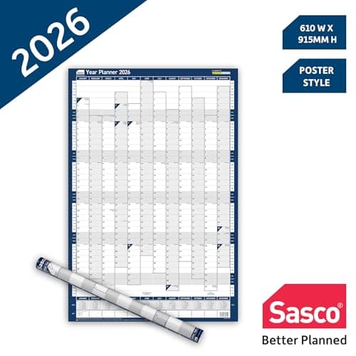 Image of Sasco 2026 Portrait Wall Planner – Poster Style Year Calendar with Wet Wipe Pen & Stickers, 61x91.5centimeters, Blue – Calendar 2026 UK & ROI Holidays Marked – Practical for Office or School Walls