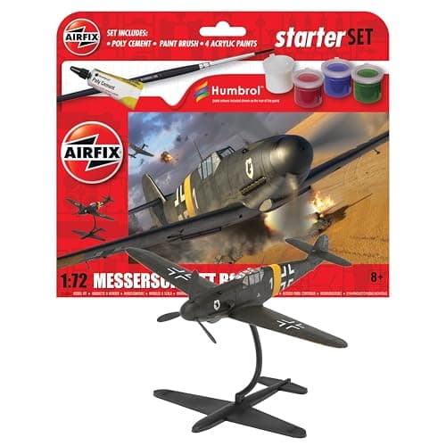 Image of AIRFIX - Starter Set - A55014 Messerschmitt Bf109F-4 Model Building Kit - Plastic Model Plane Kits for Adults & Children 8+, Set Includes Decals, Acrylic Paints, Brushes & Poly Cement - 1:72 Scale
