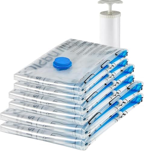 Image of Amazon Basics Multiple Vacuum Compression Zipper Storage Bags with Hand Pump, 6-Pack (2 Jumbo, 2 Large, 2 Medium), Transparent