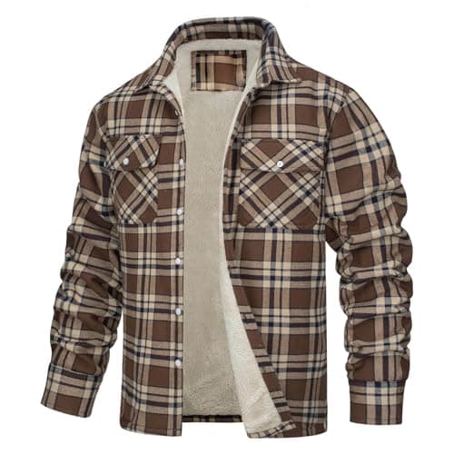 Image of Mymyguoe Lumberjack Jacket Men's Checked Flannel Jacket Transition Jacket Fleece Lined College Jacket Large Sizes Warm Winter Jacket Shirt Jacket Checked Shirt Turn-Down Collar Work Jacket, khaki, L