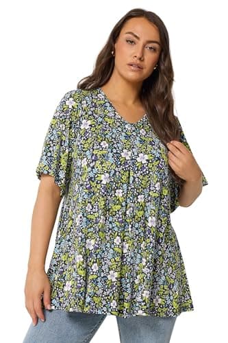 Image of Yours Curve Navy Blue & Green Floral Pleat Front Top - Women's - Plus Size Curve