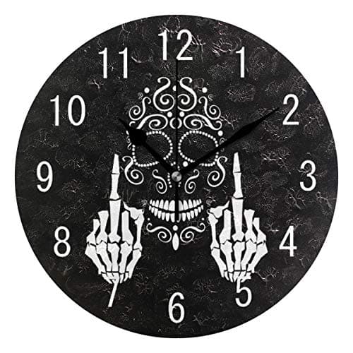 Image of Use7 Home Decor Middle Finger Sugar Skull Black Round Acrylic Wall Clock Non Ticking Silent Clock Art for Living Room Kitchen Bedroom