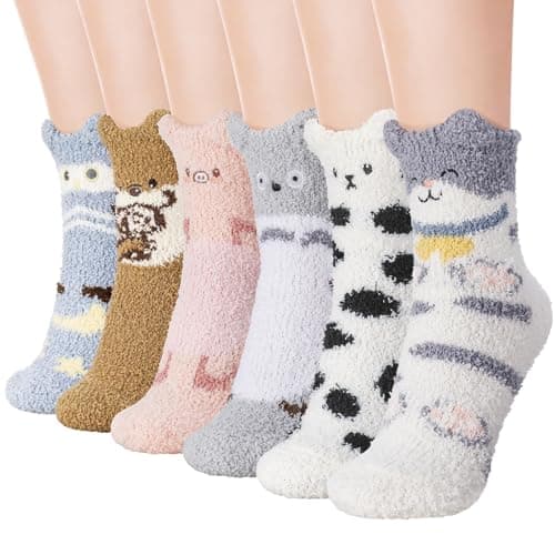 Image of Firtink 6 Pairs Fluffy Socks for Women, Animal Bed Microfiber Winter Warm Cute Fluffy Socks for Women Girls