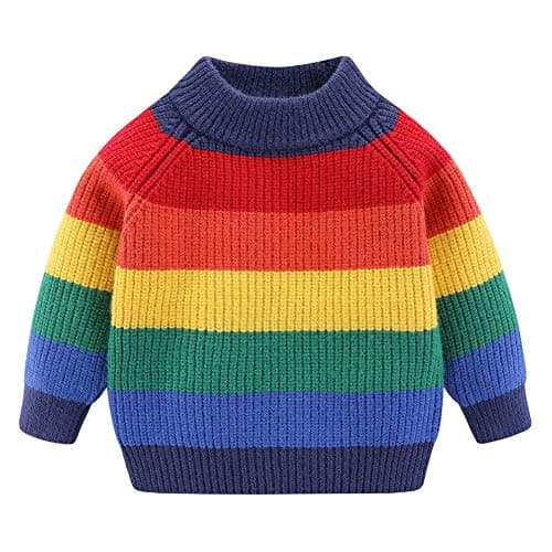 Image of Mud Kingdom Girls Jumper Crew Neck Knitted Sweater for Toddler Girl Rainbow Stripe Blue 4 Years