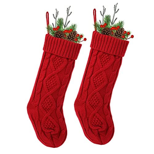 Image of LOAVER Knitted Christmas Stockings Gift Socks, 46cm Large Red Stocking for Xmas Gift Filling Home Decoration