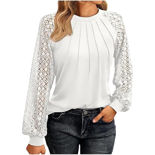Image of Blouses for Women Casual Long Sleeve Pleated Tops Dressy Mock Neck Plain Shirts Pullover Ladies Fashion Tunic Tops Business Tees Loose Fit Going Out T-Shirts Office Wear(White, XXL)