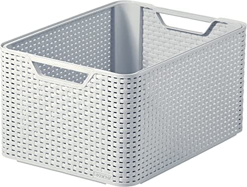 Image of CURVER Style Rattan Effect Kitchen, Living room, Bathroom, Bedroom, Utility Large Rectangular Storage Basket 30 Litres - Grey