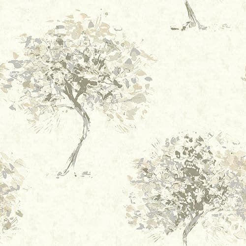 Image of SOPHIE LAURENCE Beige Tree Wallpaper Hand Painted Effect Silver Metallic Shimmer Beacon Fell - Paste The Wall - Wallpaper for Feature Wall