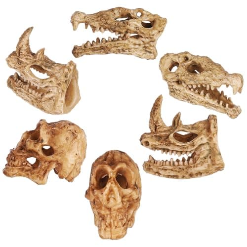 Image of SHINEOFI Animal Skull Ornament Set 6 Pcs Plastic Mini Skulls for Fish Tank and Halloween Skeleton Decoration Home Decor
