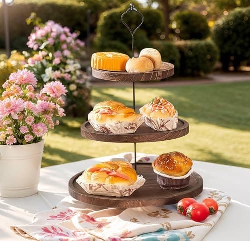Image of LOSTTYPE 3 Tier Wood Cupcake Stand,Decorative Display Stand For Dessert ,with Metal Handles ,Vintage Cupcake Holder for Wedding, Birthday, Afternoon Tea,Picnic,Parties(Heavy Burn Color)