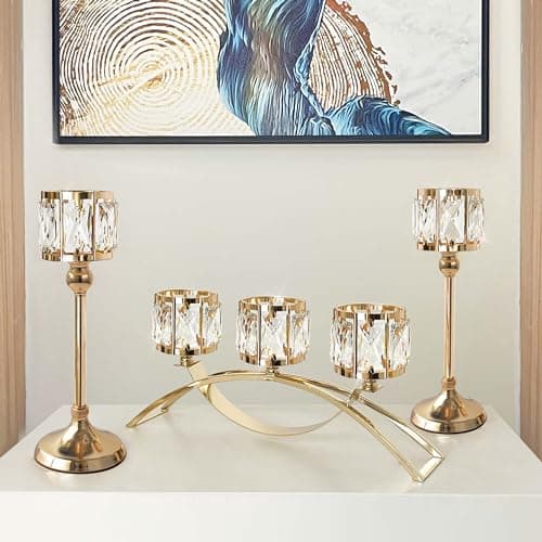 Image of Crystal Bowl Tealight Candelabra Votive Candle Stand/Candleholder Sets,Wedding Centerpieces Candlestick Holders for Tables Crystal Candle Holder/Centerpiece Table Decorations (Set of 3 Gold)