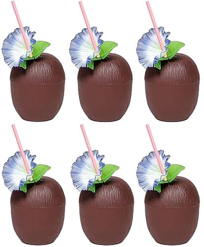 Image of 6 x Coconut Cups with Paper Straws - Reusable Plastic 18oz Hawaiian Party Cups with Decorative Flowers for Tropical Luau, Tiki, Hula, Beach Parties - Coconut Cup for Cocktails & Exotic Drinks