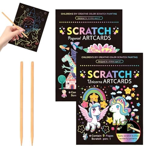 Image of 2 Rainbow Scratch Art Book Set with Wooden Stylus, Unicorn & Adventure Princess Magic Safe Rainbow Scratch Paper for Kids, DIY Arts & Crafts Kit for Girls Boys Children