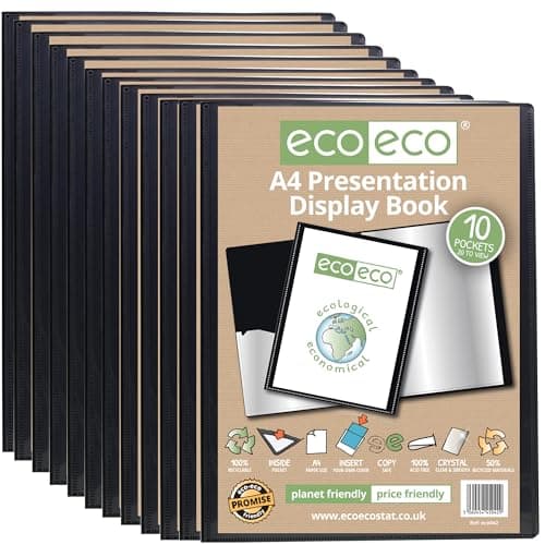 Image of eco-eco A4 Size 50% Recycled 10 Pocket Black Presentation Display Book, Storage Case Portfolio Art Folder with Plastic Sleeves (Pack of 12 Books),Black,eco042x12