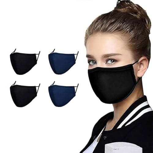 Image of UK 4 Pack Reusable Cotton Face Masks, 2 Navy Blue, 2 Black Mask with Nose Wire for Glass Wearers, 3-Ply Washable & Breathable Fabric with Filter Pocket & Adjustable Loops