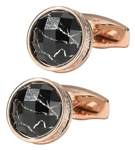 Image of Jonwo Black Gemstone Round Cufflinks for Men In Gift Case Round Black/Silver/Rose Gold Handmade Men's Cufflinks Set for Wedding Party Anniversary Business Events Dress (Rose Gold)