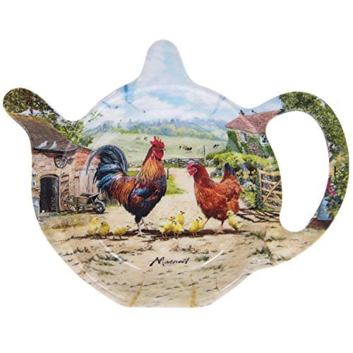 Image of Teapot Shaped Cockerel & Hen Plastic Teabag Tidy Dish Holder