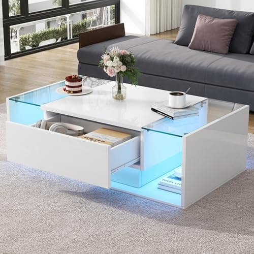 Image of ModernLuxe High Gloss Coffee Table with LED, White Glass Coffee Table with Open Storage & 1 Drawer, Modern Centre Table, Rectangle Coffee End Table for Living Room & Office, 100 x 50 x 31 cm