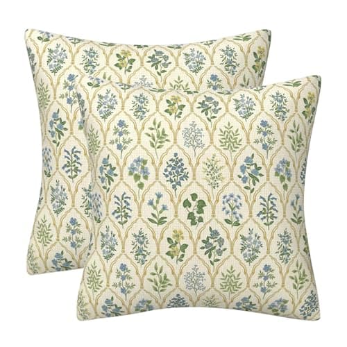 Image of DILOXNSU Cushion Covers 45 x 45 cm Vintage Botanical Floral Grid Print Set of 2 Double Sided Pillow Covers 18x18 Inch Decorative Boho Cushions Cases Linen Decorations Garden Patio Furniture Sofa Decor