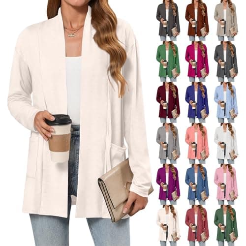 Image of Waterfall Cardigans for Women UK Beige, Womens Summer Coats And Jackets, Lightweight Long Sleeve Open Front Waterfall Cardigan, Ladies Soft Outwear with Pockets