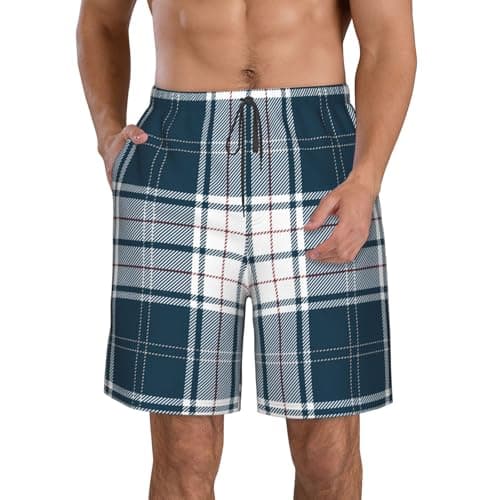 Image of Anceky Blue red White Tartan Plaid Scottish Shorts Men's Casual Beach Pants Quick Drying Swimming Trunks with Pockets