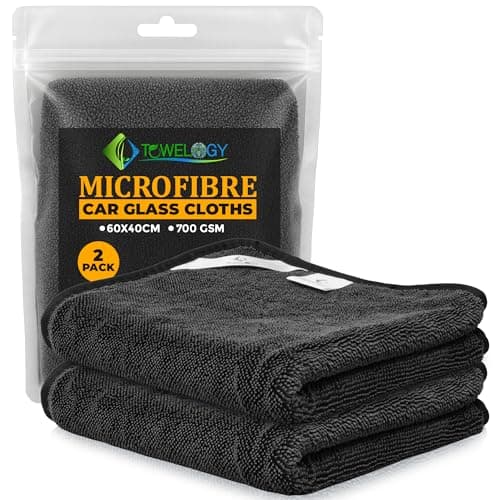 Image of Towelogy® Premium Car Glass Cleaning Cloth - 2x Large Streak-Free Microfibre Cleaning Cloths for Windows, Screens, and Car Glass 60x45cm (Black)