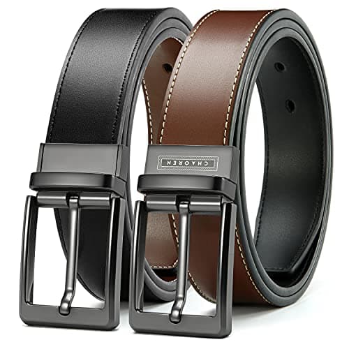Image of CHAOREN Mens Belt 1 Piece, Reversible Leather Belt for Men Black Brown for Trousers 1 3/8", Rotating Buckle for Double-Sided Use