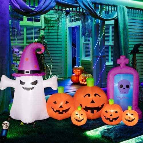 Image of Halloween Decorations Outdoors 8FT Long Inflatable Pumpkin with Ghost and Skull Tombstone Scary Blow Up Halloween Pumpkin Decoration Built-in LEDs for Party Garden Lawn Decor