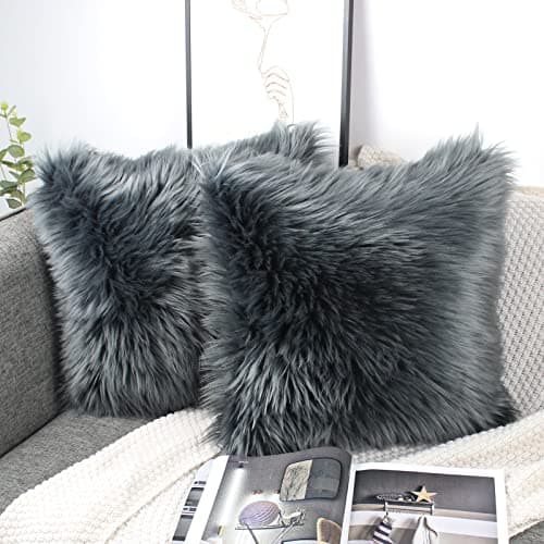 Image of OYIMUA Dark Grey 18x18 Cushion Covers Pack of 2 Fluffy Soft Faux Fur Square Pillowcases Autumn, Luxury Home Decorative Cozy Plush Pillow Covers Case 45 x 45 for Sofa Bed Living Room