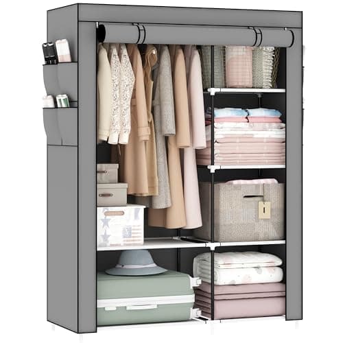 Image of OPPAIYA Canvas Wardrobe, Pop Up Fabric Wardrobe with Shelves and Hanging Rail,Great temporary wardrobes for bedrooms, portable wardrobes, 105 x 45 x 165 cm, gray