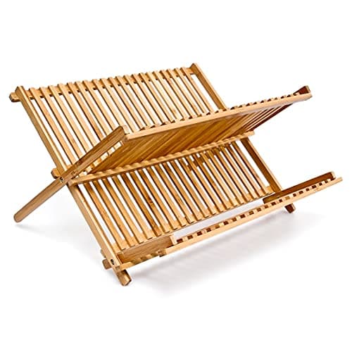 Image of Relaxdays CROSS Dish Rack, 24.5 x 42 x 33 cm, Bamboo Two-Tier Foldable Drying Rack, Natural Brown