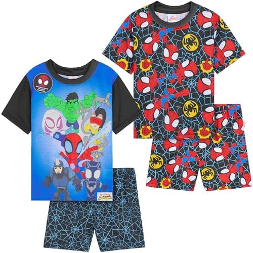 Image of Marvel Spidey Boys Pyjamas 2 Pack, Short Sleeve T-Shirt & PJ Bottoms Set, Soft Comfortable Loungewear, Gifts for Boys (7-8 Years, Multi Spidey, 2 Pack)