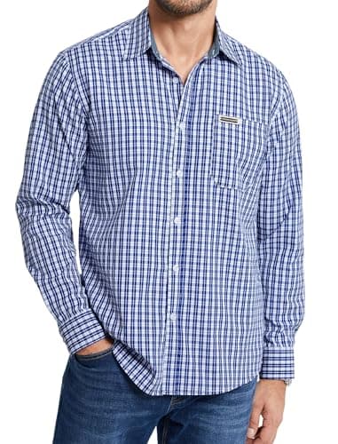 Image of Enlision Checked Shirt Mens Blue and White Long Sleeve Plaid Check Shirts for Men UK Contrast Collar Gingham Tartan Regular Fit with Pocket for Formal Business Office S
