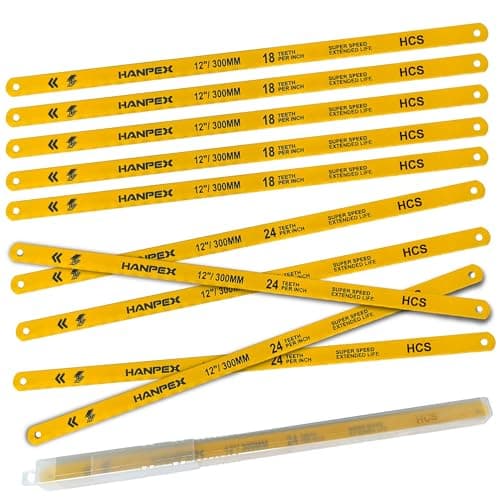 Image of Hanpex 300mm Hacksaw Replacement Blades Set (10 Pack) High Speed 12" Length Hack Saw Blade - High Carbon Steel (HCS) Cutting Blades