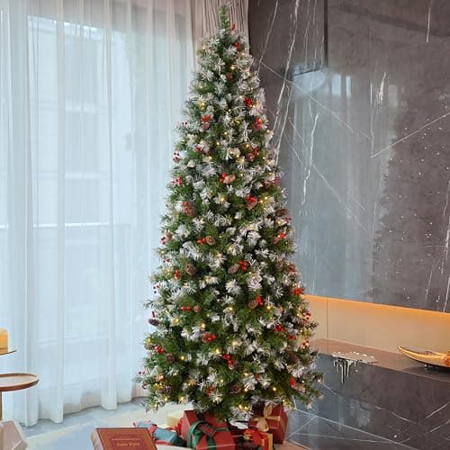 Image of Asinse 6ft/1.8m Pre Lit Slim Christmas Tree with 300 LED Lights, 640 Tips, Snow Flocked Hinged Tree with 51 Mixed Pine Needles and 51 Red Berries, for Xmas Indoor and Outdoor Decoration