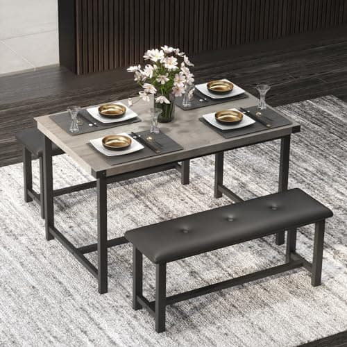 Image of Crevyteg Modern Industrial 3-Piece Dining Table Set for 4 with 2 Upholstered Benches, Space-Saving Kitchen Table Set for Small Spaces, Easy Assembly Metal Frame Dining Room Furniture