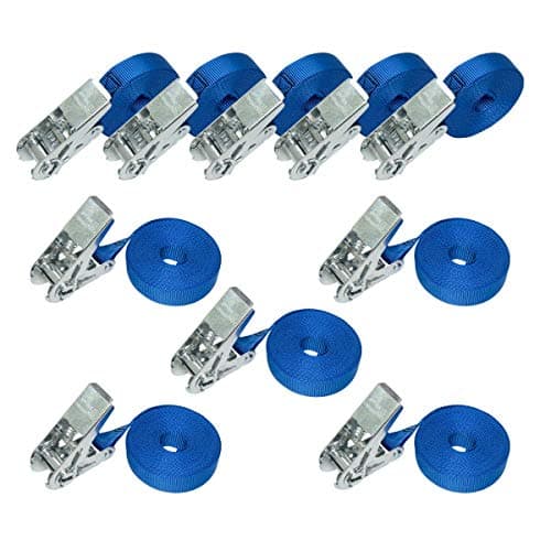 Image of Amazon Basics 10-pack Ratchet Lashing Straps, 6 m Long, 25mm Wide, Load Capacity 800 kg, DIN EN 12195-2 certified, Blue